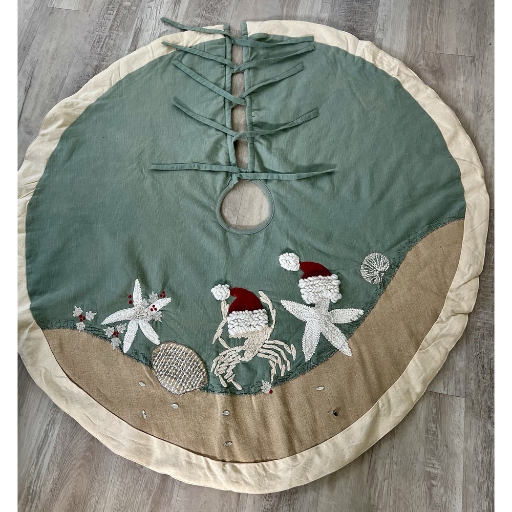 Pier 1 Imports Christmas Tree Skirt Santa Starfish Beach Coastal Theme 50"